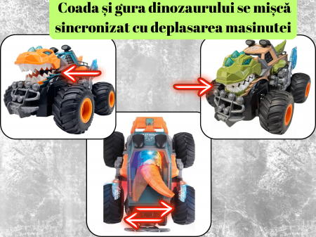 Masina Monster Truck Dinozaur, cu Telecomanda, Efecte Fum, Sunete si lumini, Miscari Sincronizate, Baterii Incluse, 26cm, Verde, ERGINO® [5]