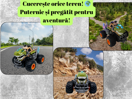 Masina Monster Truck Dinozaur, cu Telecomanda, Efecte Fum, Sunete si lumini, Miscari Sincronizate, Baterii Incluse, 26cm, Verde, ERGINO® [4]