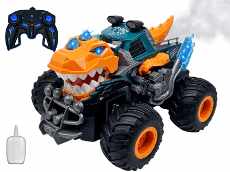 Jucarii interactive - Masina Monster Truck Dinozaur, cu Telecomanda, Efecte Fum, Sunete si lumini, Miscari Sincronizate, Baterii Incluse, 26cm, Portocaliu, ERGINO®