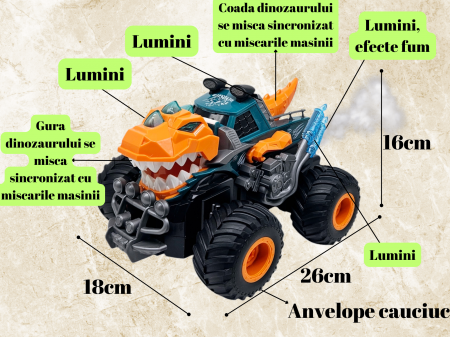 Masina Monster Truck Dinozaur, cu Telecomanda, Efecte Fum, Sunete si lumini, Miscari Sincronizate, Baterii Incluse, 26cm, Portocaliu, ERGINO® [1]