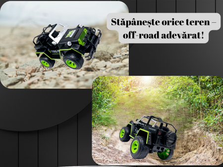 Masina OFF-Road cu telecomanda RC, Lumini faruri, 30 cm, Plastic rezistent, Baterii incluse, Negru/verde, ERGINO® [1]