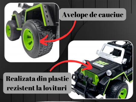 Masina OFF-Road cu telecomanda RC, Lumini faruri, 30 cm, Plastic rezistent, Baterii incluse, Negru/verde, ERGINO® [2]