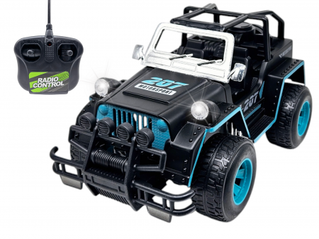 Masini cu telecomanda - Masina OFF-Road cu telecomanda RC, Lumini faruri, 30 cm, Plastic rezistent, Baterii incluse, Negru/albastru, ERGINO®