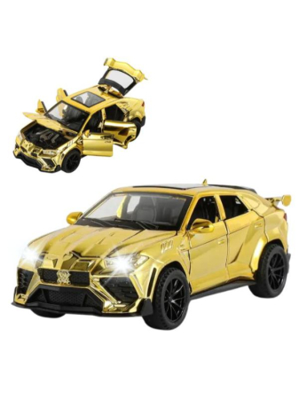 Masini metal 15-16cm - Masinuta Metal tip Lamborghini Urus Metalizat, Usile, capota si portbagajul se deschid, Sunete, Lumini, Pull-Back, Auriu, 16cm