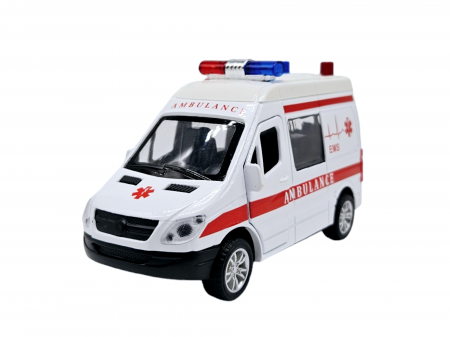 Masinuta metalica duba tip Mercedes Ambulanta, Se deschid usile, Sunete si lumini, Baterii incluse, 12cm [3]
