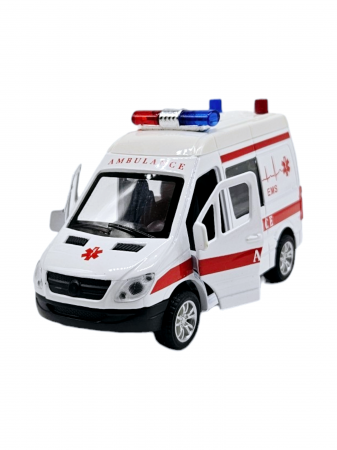 Masini metal 11-13cm - Masinuta metalica duba tip Mercedes Ambulanta, Se deschid usile, Sunete si lumini, Baterii incluse, 12cm