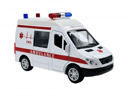 Masinuta metalica duba tip Mercedes Ambulanta, Se deschid usile, Sunete si lumini, Baterii incluse, 12cm [6]