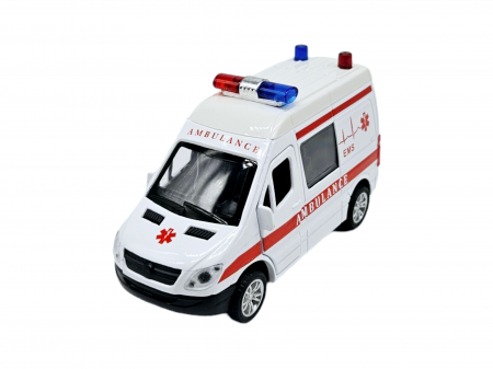 Masinuta metalica duba tip Mercedes Ambulanta, Se deschid usile, Sunete si lumini, Baterii incluse, 12cm [4]