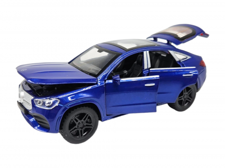 Masini metal 15-16cm - Masinuta metalica Mercedes GLE Coupe, Sunete realistice, Farurile si stopurile lumineaza, Usile, capota si portbagajul se deschid, Baterii incluse, 16cm, Albastru, Scara 1:32, Replica