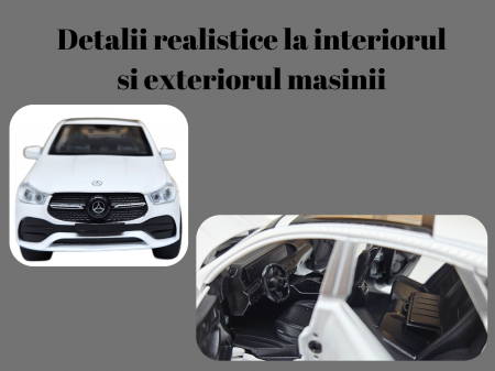 Masinuta metalica Mercedes GLE Coupe, Sunete realistice, Farurile si stopurile lumineaza, Usile, capota si portbagajul se deschid, Baterii incluse, 16cm, Alb, Scara 1:32, Replica [1]