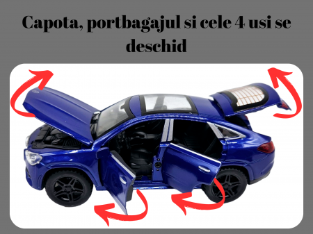 Masinuta metalica Mercedes GLE Coupe, Sunete realistice, Farurile si stopurile lumineaza, Usile, capota si portbagajul se deschid, Baterii incluse, 16cm, Albastru, Scara 1:32, Replica [1]