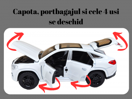 Masinuta metalica Mercedes GLE Coupe, Sunete realistice, Farurile si stopurile lumineaza, Usile, capota si portbagajul se deschid, Baterii incluse, 16cm, Alb, Scara 1:32, Replica [2]