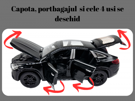 Masinuta metalica Mercedes GLE Coupe, Sunete realistice, Farurile si stopurile lumineaza, Usile, capota si portbagajul se deschid, Baterii incluse, 16cm, Negru Scara 1:32, Replica [1]