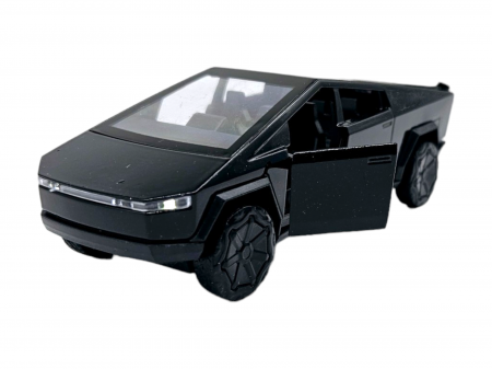 Masini metal 11-13cm - Masinuta metalica Tesla Cybertruck, Sunete realistice, Usile se deschid, Farurile lumineaza, Baterii incluse, Negru, 13cm, Replica