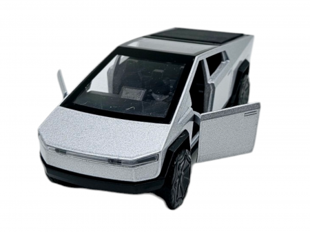 Masini metal 11-13cm - Masinuta metalica Tesla Cybertruck, Sunete realistice, Usile se deschid, Farurile lumineaza, Baterii incluse, Gri, 13cm, Replica