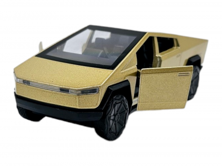 Masini metal 11-13cm - Masinuta metalica Tesla Cybertruck, Sunete realistice, Usile se deschid, Farurile lumineaza, Baterii incluse, Auriu, 13cm, Replica