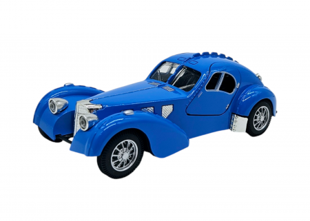 Masini metalice 18-19cm - Masinuta metalica tip Bugatti Atlantic, Sunete realistice, Usile se deschid, Farurile lumineaza, Baterii incluse, Albastru, 17cm, Scara 1:28