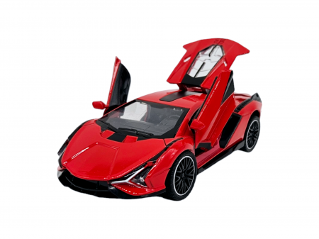 Masini metal 15-16cm - Masinuta metalica tip Lamborghini SIAN, Sunete realistice, Usile se deschid, Farurile lumineaza, Baterii incluse, Rosu, 15cm