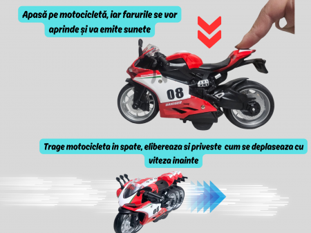 Motocicleta din metal, Sunete si lumini, Functie pull-back, Rosu, 17cm, Ergino [3]