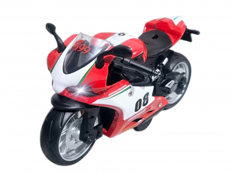 Masini metalice 18-19cm - Motocicleta din metal, Sunete si lumini, Functie pull-back, Rosu, 17cm, Ergino