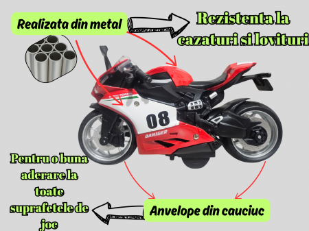 Motocicleta din metal, Sunete si lumini, Functie pull-back, Rosu, 17cm, Ergino [2]