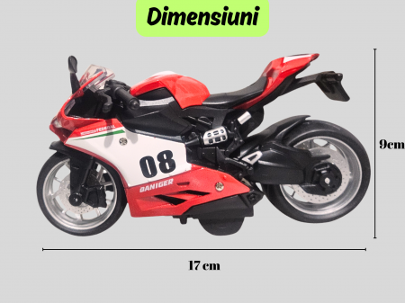 Motocicleta din metal, Sunete si lumini, Functie pull-back, Rosu, 17cm, Ergino [1]