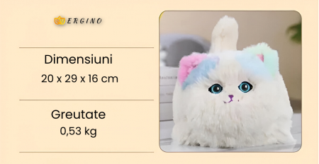 Pisica Interactiva din Plus, Efecte de miscare a cozii si clipirea ochilor, 2 cantece, Toarce cand este mangaiata, Material moale si pufos, Cultiva afectiunea si empatia, ERGINO®Baterii incluse, 29cm [4]
