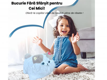 Pisica Interactiva din Plus, Efecte de miscare a cozii si clipirea ochilor, 2 cantece, Toarce cand este mangaiata, Material moale si pufos, Cultiva afectiunea si empatia, ERGINO®, 29cm, Alb/gri [1]