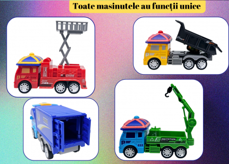 Set 12 masinute colorate de jucarie, Echipe de Salvare si Interventie, Cisterna, Macara, Excavator, Masina de Pompieri, Cifa, Basculanta, Salubritate, Multicolor, Plastic, 13cm, +3ani, ERGINO® [4]