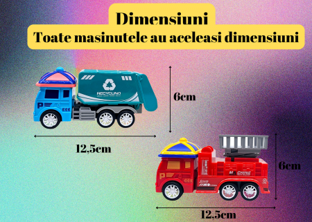Set 12 masinute colorate de jucarie, Echipe de Salvare si Interventie, Cisterna, Macara, Excavator, Masina de Pompieri, Cifa, Basculanta, Salubritate, Multicolor, Plastic, 13cm, +3ani, ERGINO® [6]