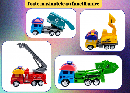 Set 12 masinute colorate de jucarie, Echipe de Salvare si Interventie, Cisterna, Macara, Excavator, Masina de Pompieri, Cifa, Basculanta, Salubritate, Multicolor, Plastic, 13cm, +3ani, ERGINO® [3]