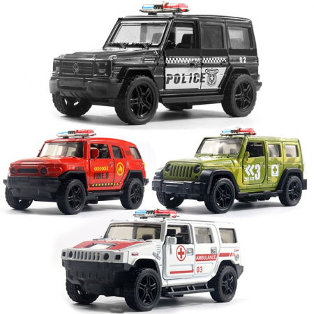 Set 4 masini de interventie din metal, Sunete si lumini, Se deschid usile, Functie pull-back, Ambulanta, Politie, Pompieri, Armata, 11cm [8]