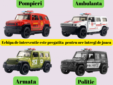 Set 4 masini de interventie din metal, Sunete si lumini, Se deschid usile, Functie pull-back, Ambulanta, Politie, Pompieri, Armata, 11cm [1]