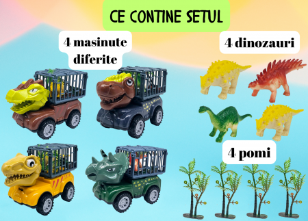 Set 4 masinute Dinozaur, Custi mobile, 12 piese, Accesorii, 13cm, Plastic, +3ani, ERGINO® [1]