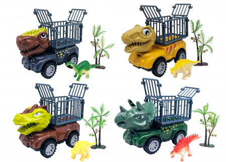 Seturi masinute - Set 4 masinute Dinozaur, Custi mobile, 12 piese, Accesorii, 13cm, Plastic, +3ani, ERGINO®