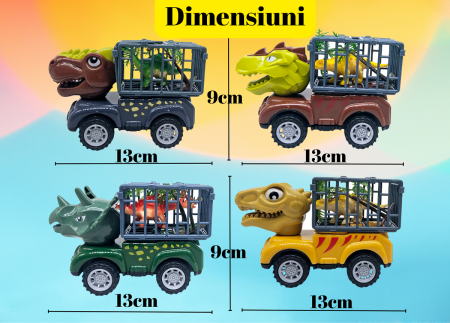 Set 4 masinute Dinozaur, Custi mobile, 12 piese, Accesorii, 13cm, Plastic, +3ani, ERGINO® [3]