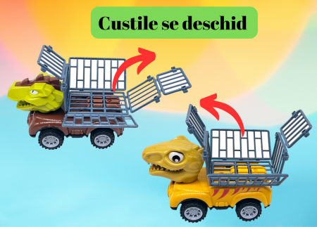 Set 4 masinute Dinozaur, Custi mobile, 12 piese, Accesorii, 13cm, Plastic, +3ani, ERGINO® [2]
