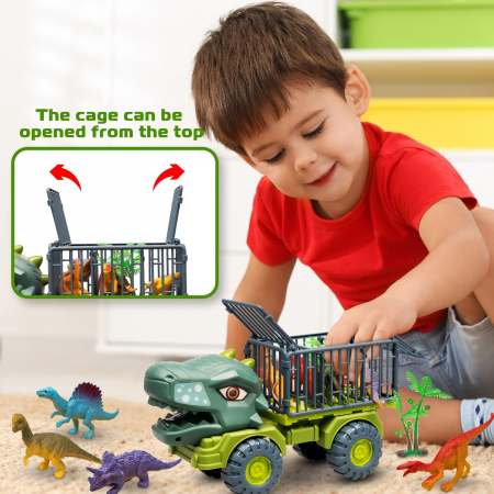 Set 4 masinute Dinozaur, Custi mobile, 12 piese, Accesorii, 13cm, Plastic, +3ani, ERGINO® [6]