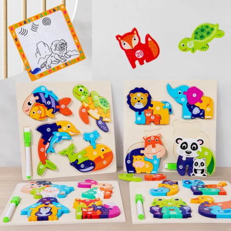 Set 4 puzzle din lemn 3D si tabla de scris, Educative si interactive, Pentru copii 2-5 ani, Leu, Elefant, Hipopotam, Urs panda, Multicolor [4]
