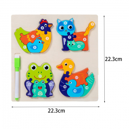 Set 4 puzzle din lemn 3D si tabla de scris, Educative si interactive, Pentru copii2-5 ani, Pisica, Broasca, Rata, Gaina, Multicolor [2]