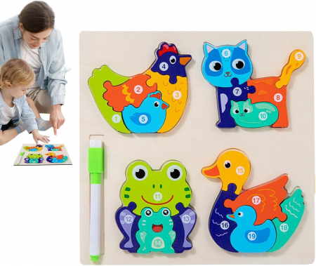 Set 4 puzzle din lemn 3D si tabla de scris, Educative si interactive, Pentru copii2-5 ani, Pisica, Broasca, Rata, Gaina, Multicolor [7]