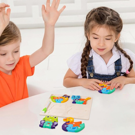 Set 4 puzzle din lemn 3D si tabla de scris, Educative si interactive, Pentru copii2-5 ani, Pisica, Broasca, Rata, Gaina, Multicolor [6]
