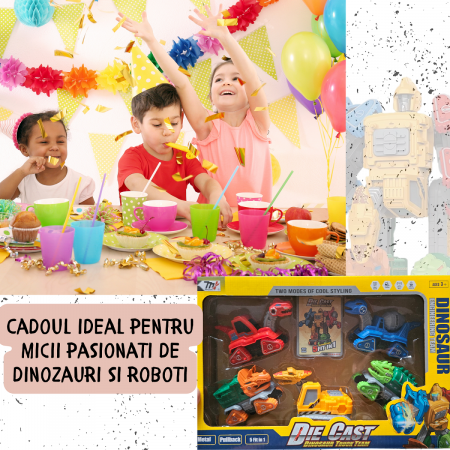 Set 5 in 1, Dinozauri Transformabili in Robot, – Jucarie Educativa 2 in 1 cu Functie Pull-Back, Metal si Plastic, 6 Cartonase, +3ani, ERGINO® [10]