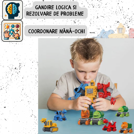 Set 5 in 1, Dinozauri Transformabili in Robot, – Jucarie Educativa 2 in 1 cu Functie Pull-Back, Metal si Plastic, 6 Cartonase, +3ani, ERGINO® [5]