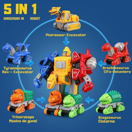 Set 5 in 1, Dinozauri Transformabili in Robot, – Jucarie Educativa 2 in 1 cu Functie Pull-Back, Metal si Plastic, 6 Cartonase, +3ani, ERGINO® [1]