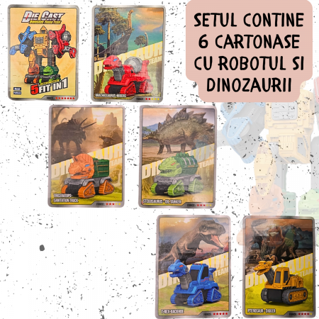 Set 5 in 1, Dinozauri Transformabili in Robot, – Jucarie Educativa 2 in 1 cu Functie Pull-Back, Metal si Plastic, 6 Cartonase, +3ani, ERGINO® [9]