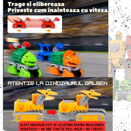 Set 5 in 1, Dinozauri Transformabili in Robot, – Jucarie Educativa 2 in 1 cu Functie Pull-Back, Metal si Plastic, 6 Cartonase, +3ani, ERGINO® [2]