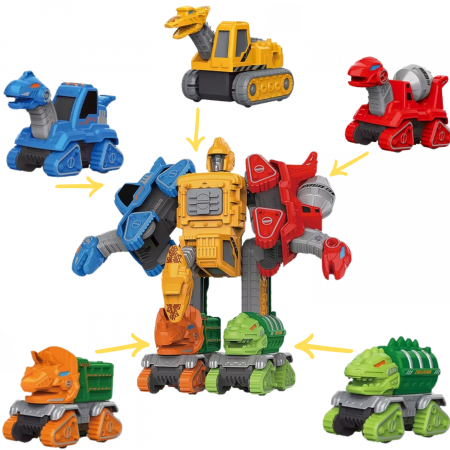 Jocuri educative si puzzle - Set 5 in 1, Dinozauri Transformabili in Robot, – Jucarie Educativa 2 in 1 cu Functie Pull-Back, Metal si Plastic, 6 Cartonase, +3ani, ERGINO®