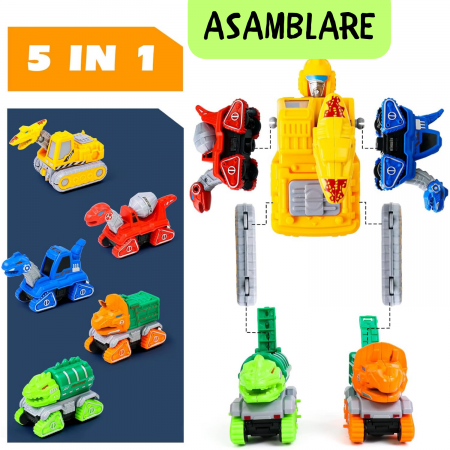 Set 5 in 1, Dinozauri Transformabili in Robot, – Jucarie Educativa 2 in 1 cu Functie Pull-Back, Metal si Plastic, 6 Cartonase, +3ani, ERGINO® [7]