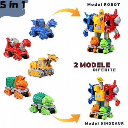 Set 5 in 1, Dinozauri Transformabili in Robot, – Jucarie Educativa 2 in 1 cu Functie Pull-Back, Metal si Plastic, 6 Cartonase, +3ani, ERGINO® [6]